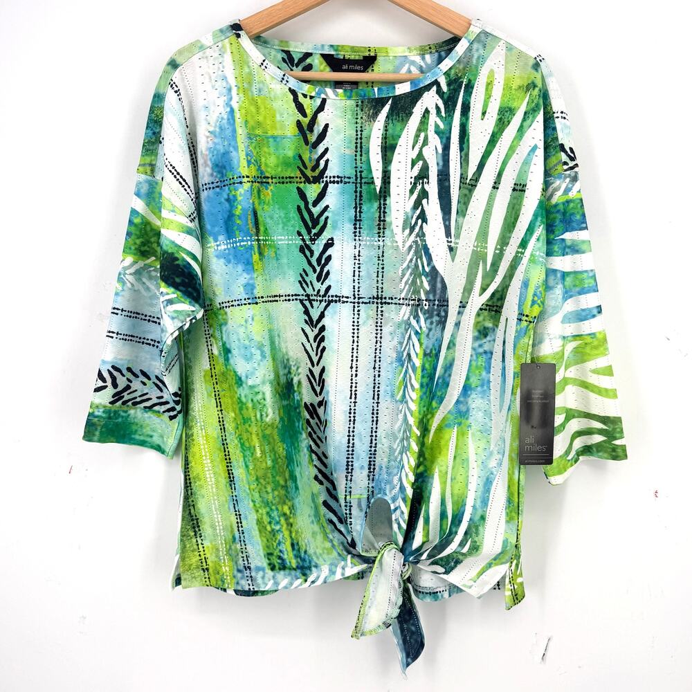 Ali Miles Green Blue Abstract Tie Front Shirt Womens Sz Small 3/4 Sleeve